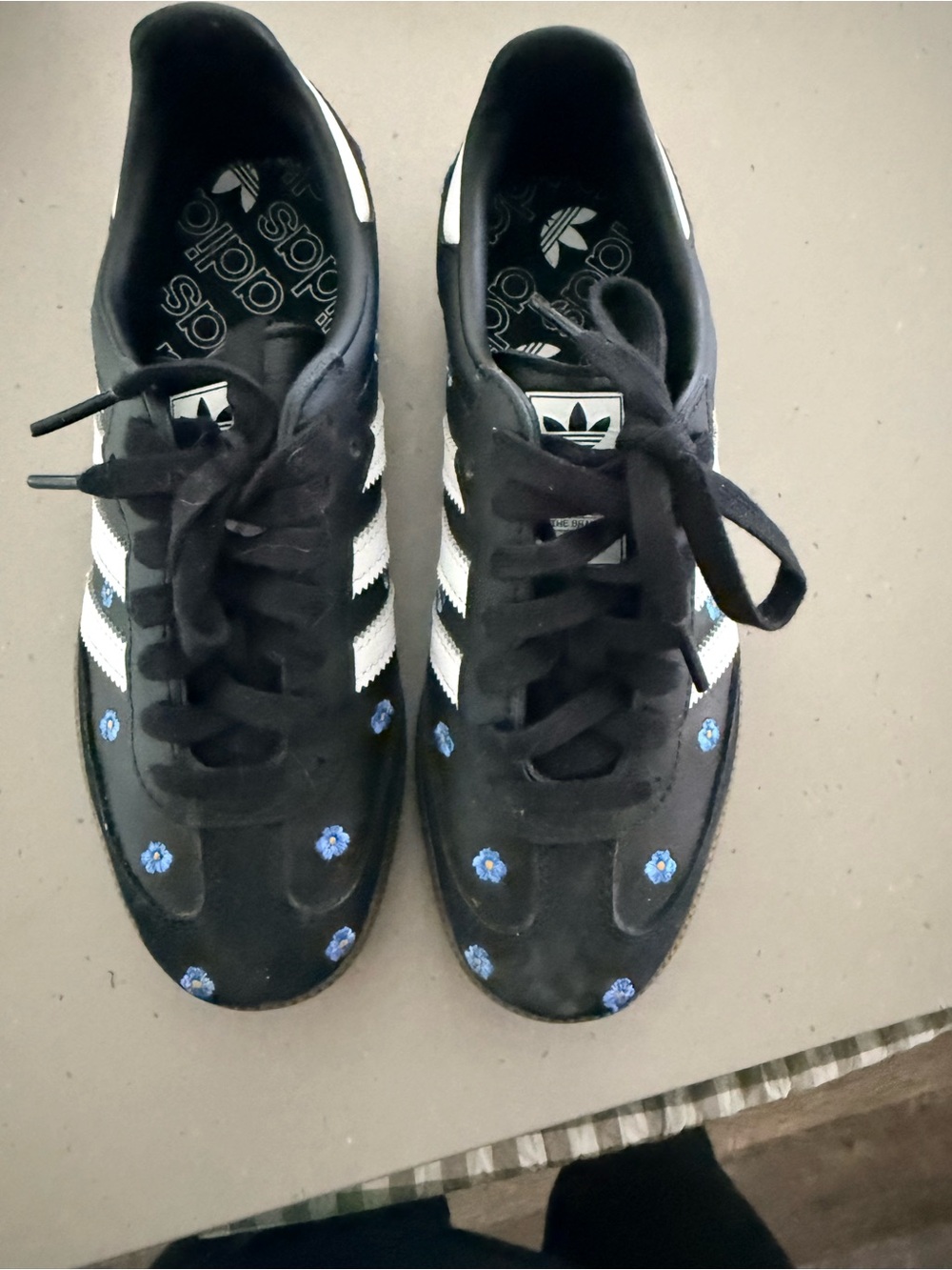 adidas Black Suede Sneakers with White Stripes and Blue forget me nots
